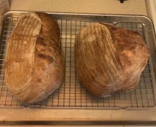 Two fully baked loaves on a wire cooling rack.