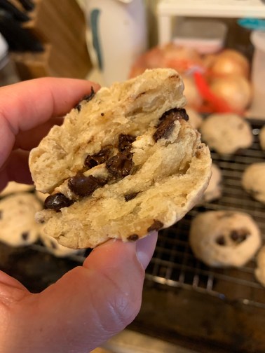 hand holding two halves of johnny cake, showing crumb