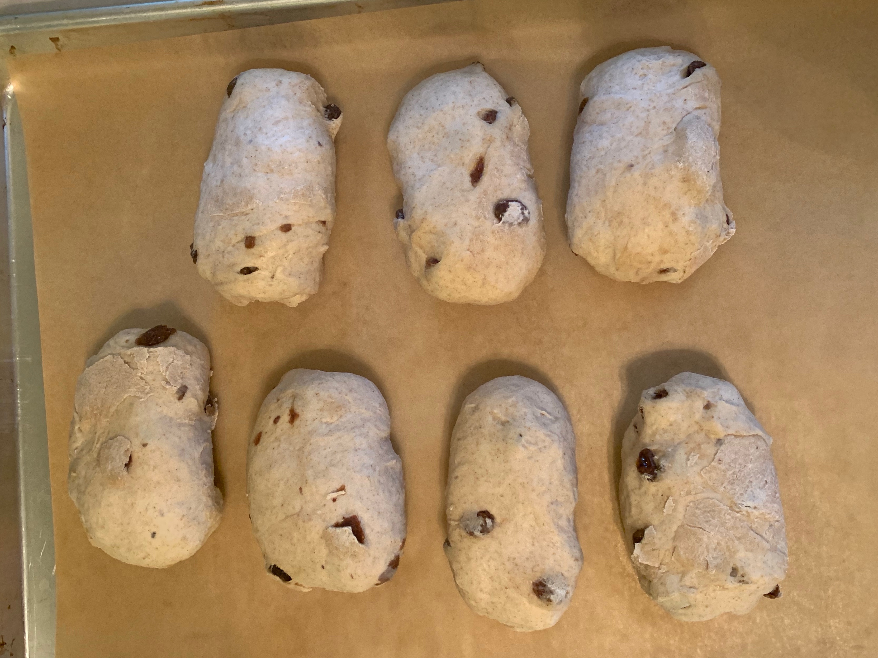 seven cylinders of dough on a cookie sheet