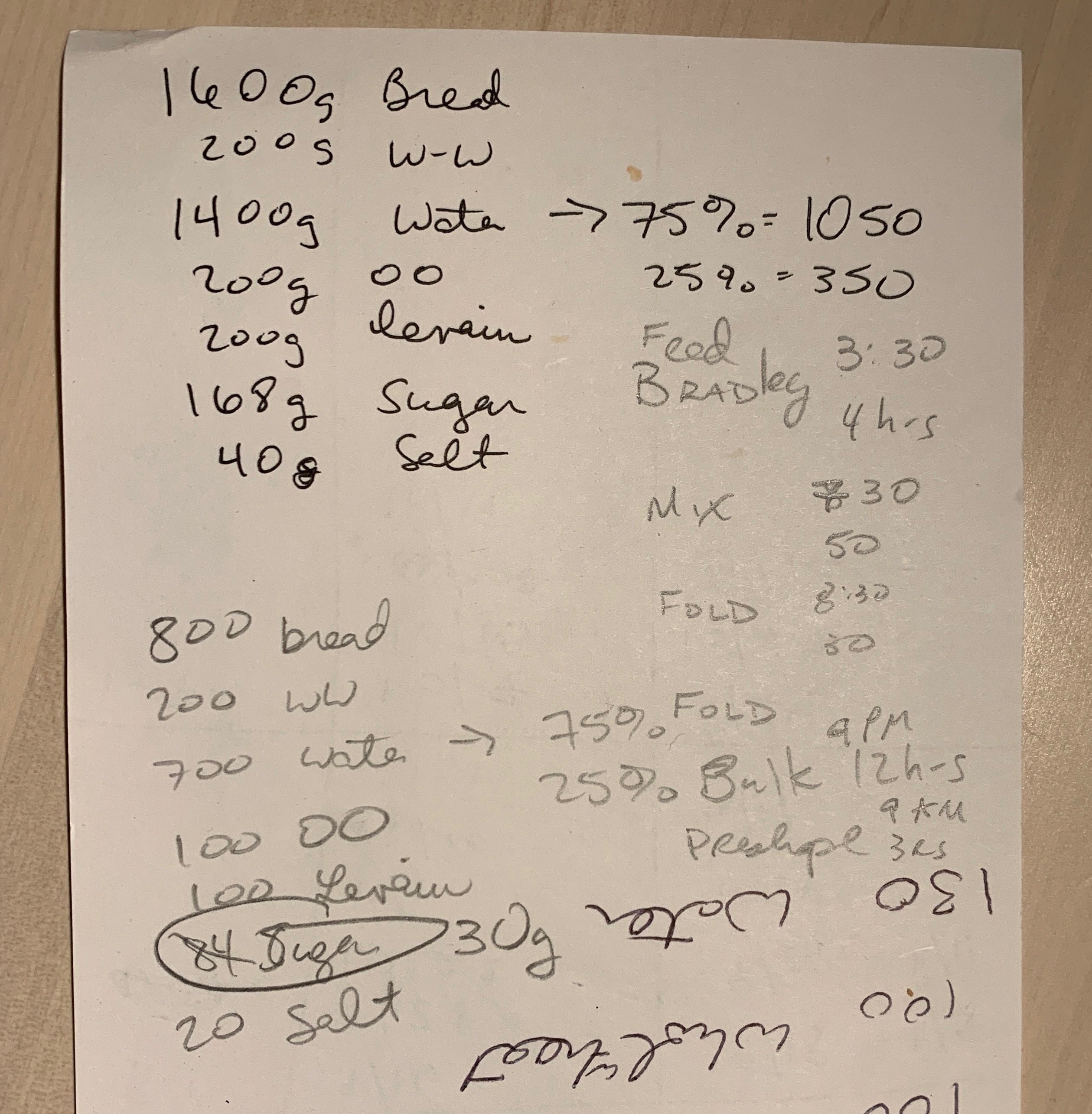 Same ingredient list as above, with more ingredients, weights, and scheduled steps written in pencil