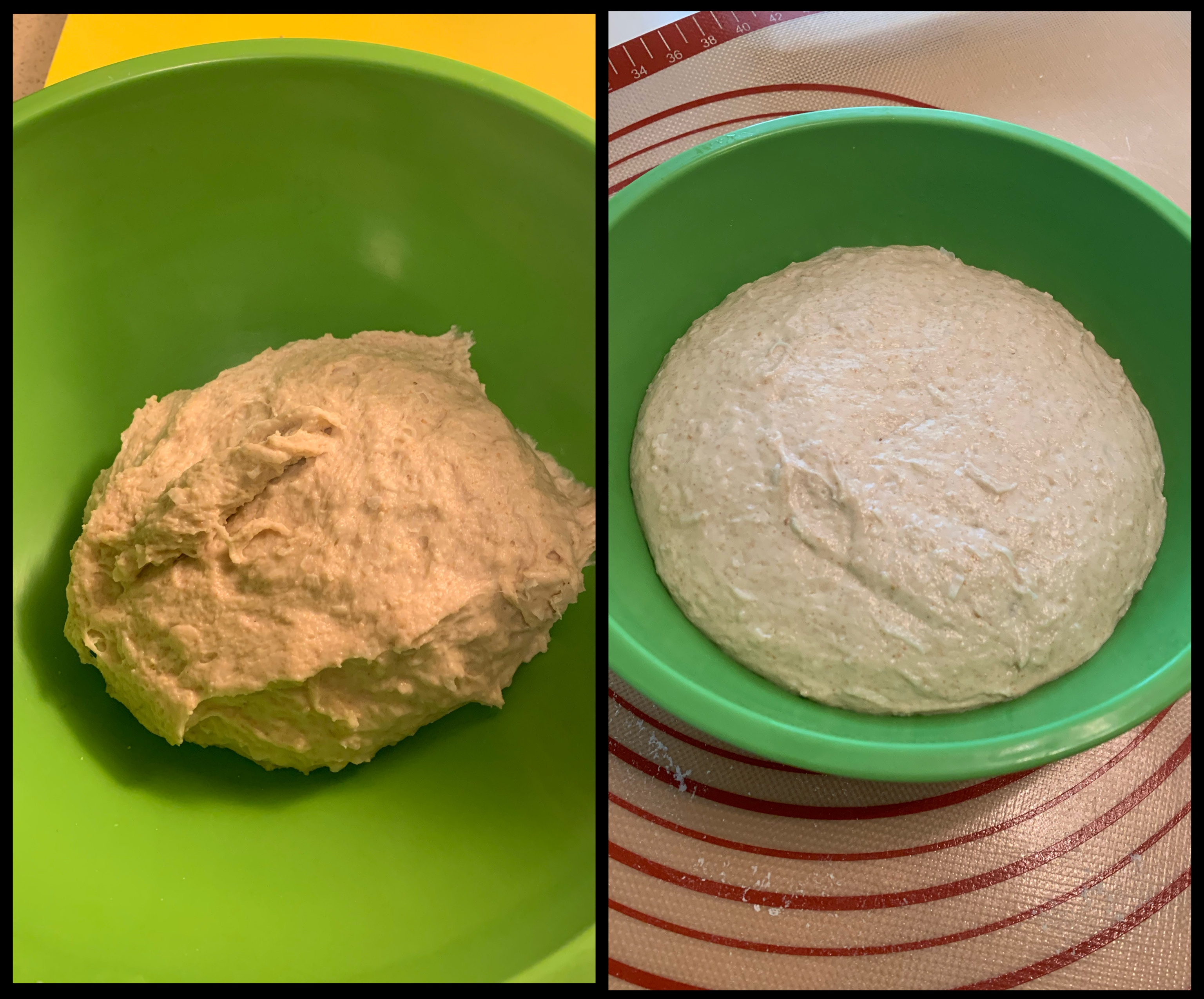 Left: kneaded dough in green bowl. Right: dough filling green bowl after bulk fermentation.