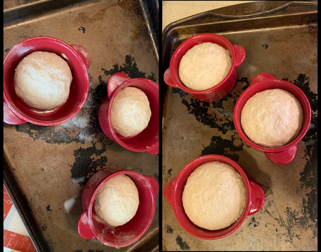 Left: three red ramekins on baking sheet, each containing a ball of dough that doesn't touch the sides. Right: same set up, but dough has expanded into the sides and puffed up.