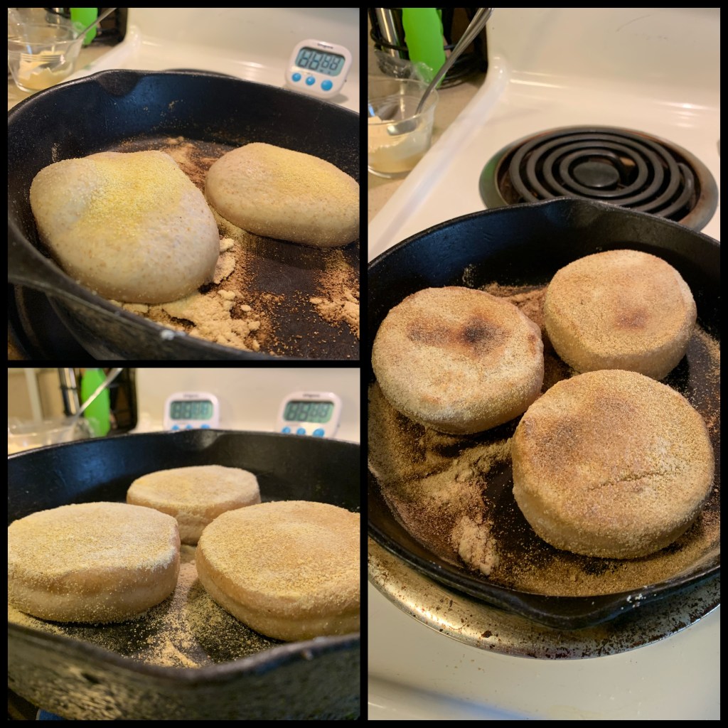 Top left: skillet with two rounded balls of dough on cornmeal. Bottom left: skillet with cornmeal and three half-cooked English muffins. the tops are flat and cooked. Right: Three partially cooked english muffins. THe tops are more well done.