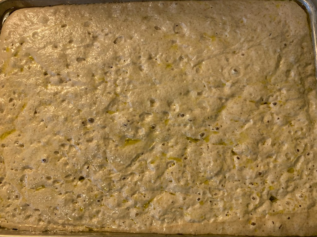 Full frame of bubbly dough, covered in olive oil, in a baking sheet.