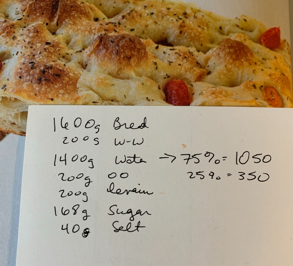 Handwritten ingredient list on top of picture of focaccia from the cookbook.
