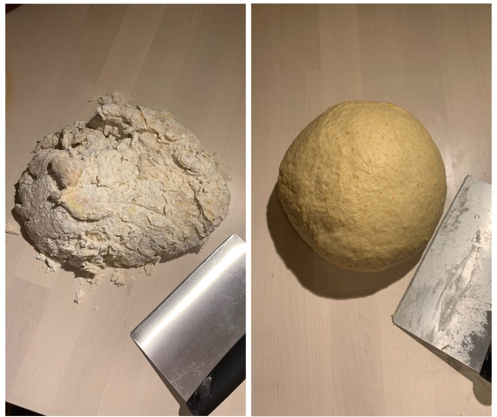 Left: wooden table with mound of shaggy dough and clean bench scraper. Right: same table with smooth ball of yellow dough and dirty bench scraper.