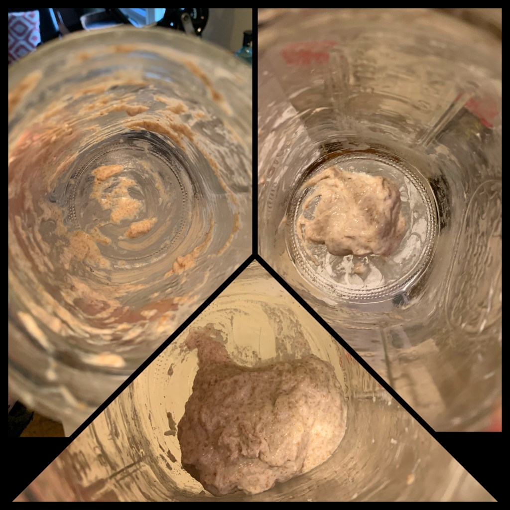 Top left is mason jar with bits of starter all over the sides and bottom. Top right is same mason jar with starter mounded on the bottom. Bottom image is same jar with bigger mound of fed starter.