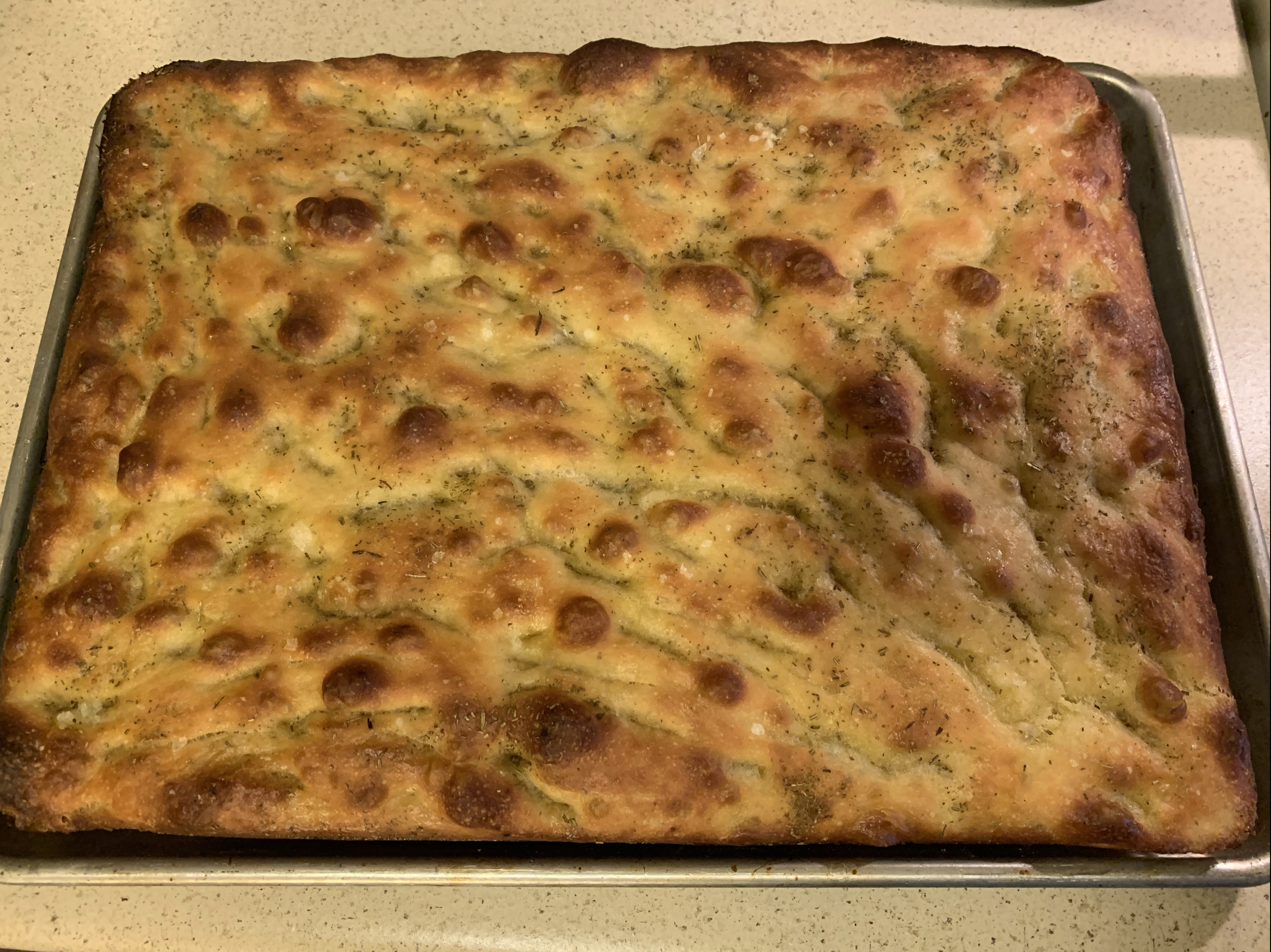 Pan of fully baked focaccia