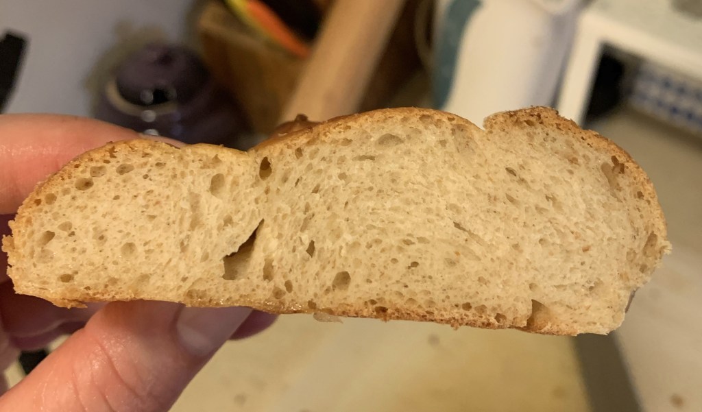 sliced pretzel showing tight crumb structure