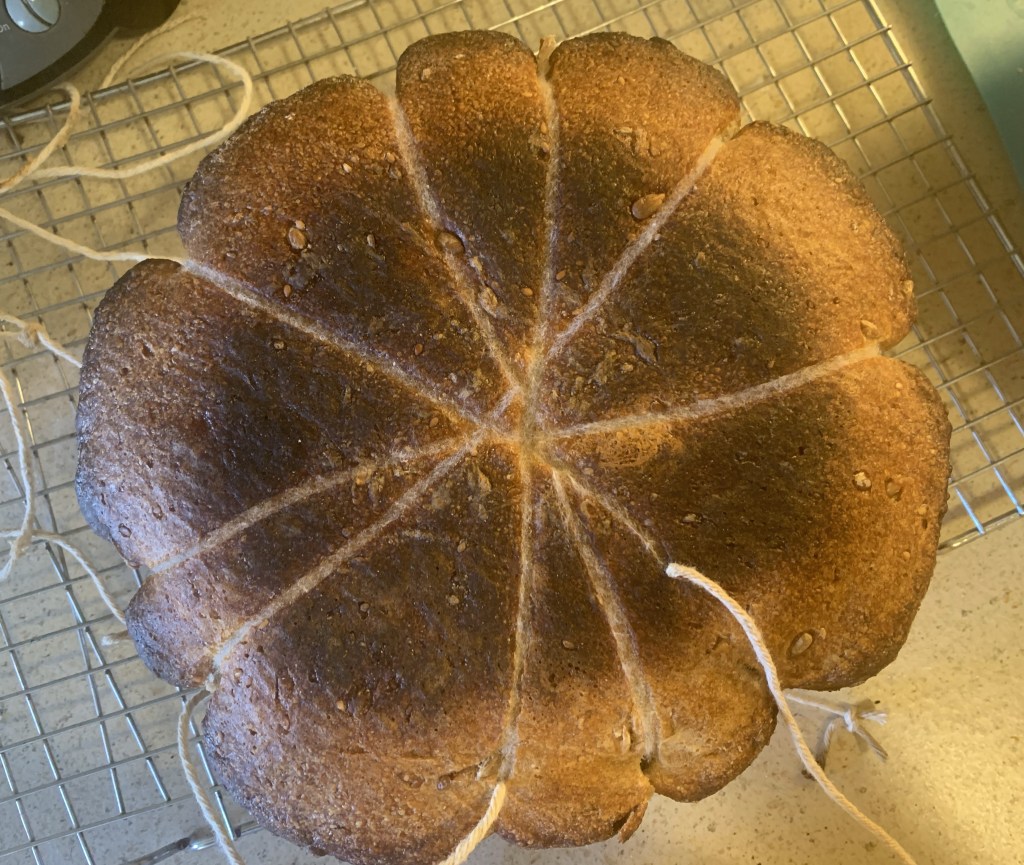Underside of baked loaf, showing tracks where strings were. Two strings are sticking out of the bottom, as the dough baked around it.