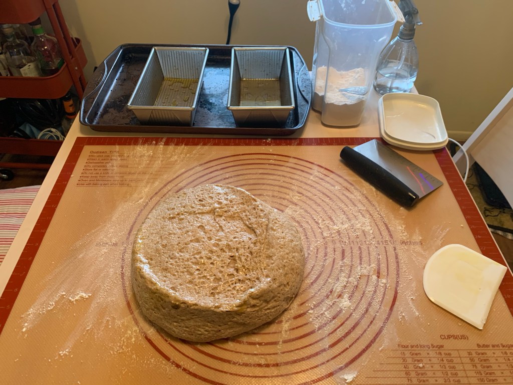 table with dusted rubber mat. On the mat is a round of oily, risen dough. Next to the dough are a metal and a plastic bench scraper. Also on the table: baking sheet with two oiled tins, open container of bench flour, and a spray bottle.